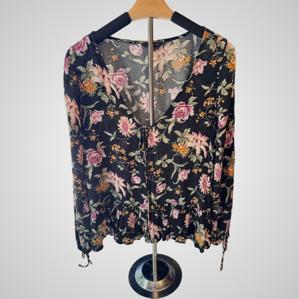 American‎ Eagle Floral Tie Front Peplum Blouse Black Pink Long Sleeve Medium